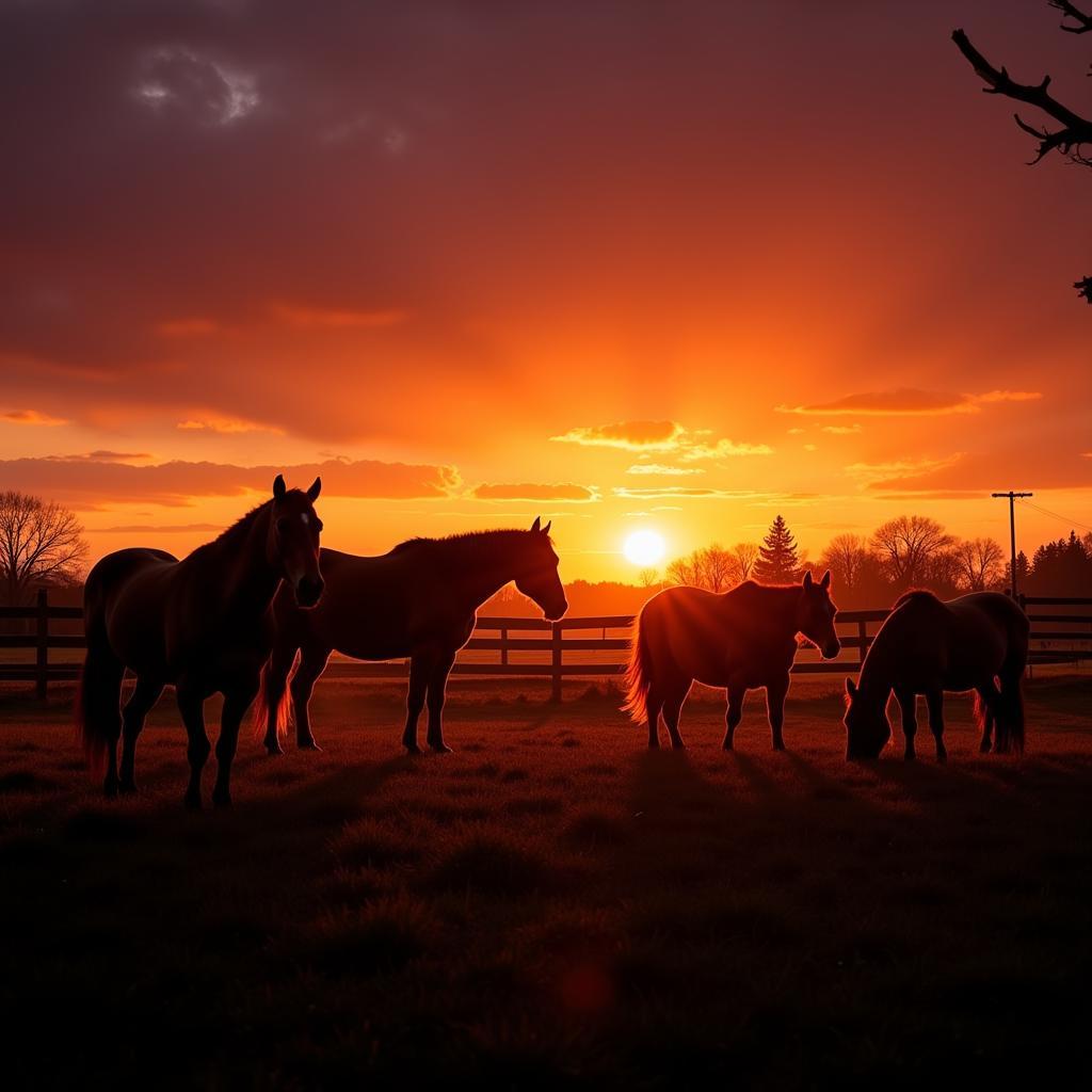 Horses grazing in a pasture at sunset on a Maryland horse farm