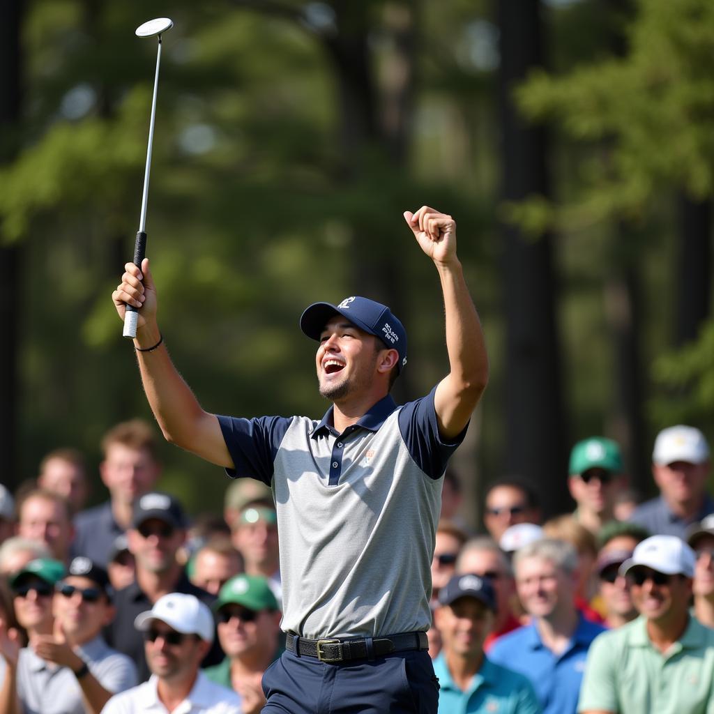 Golfer celebrating a birdie putt at Augusta National