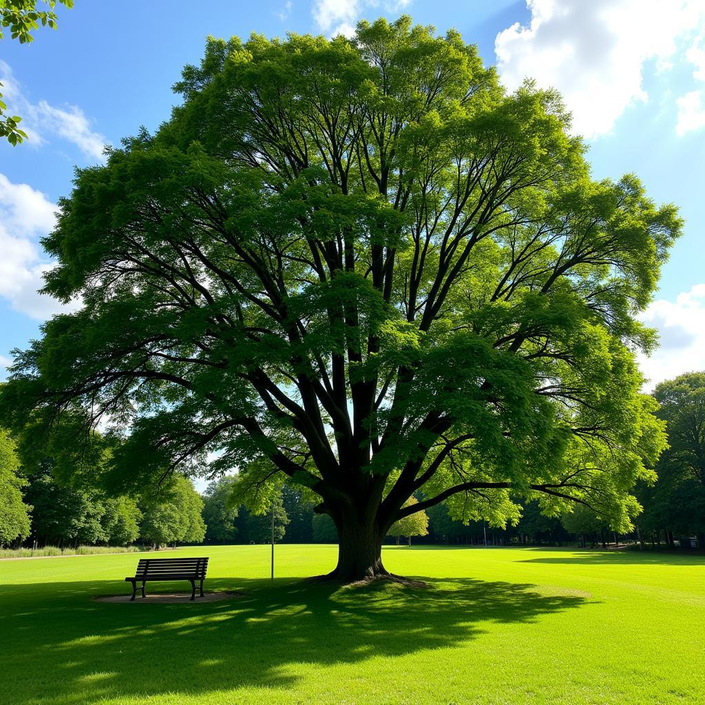 A mature horse chestnut tree provides ample shade in a park setting