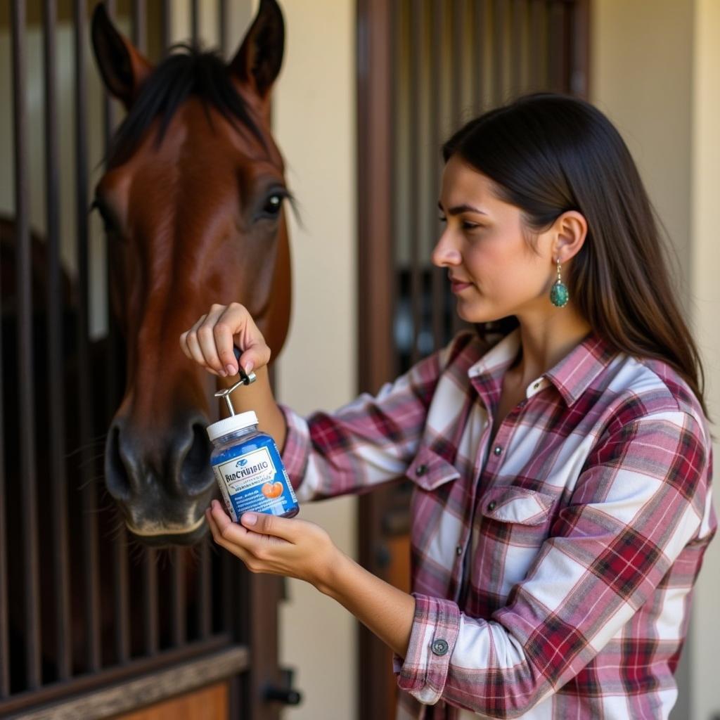 Carefully measuring rosehip supplement for horse feed