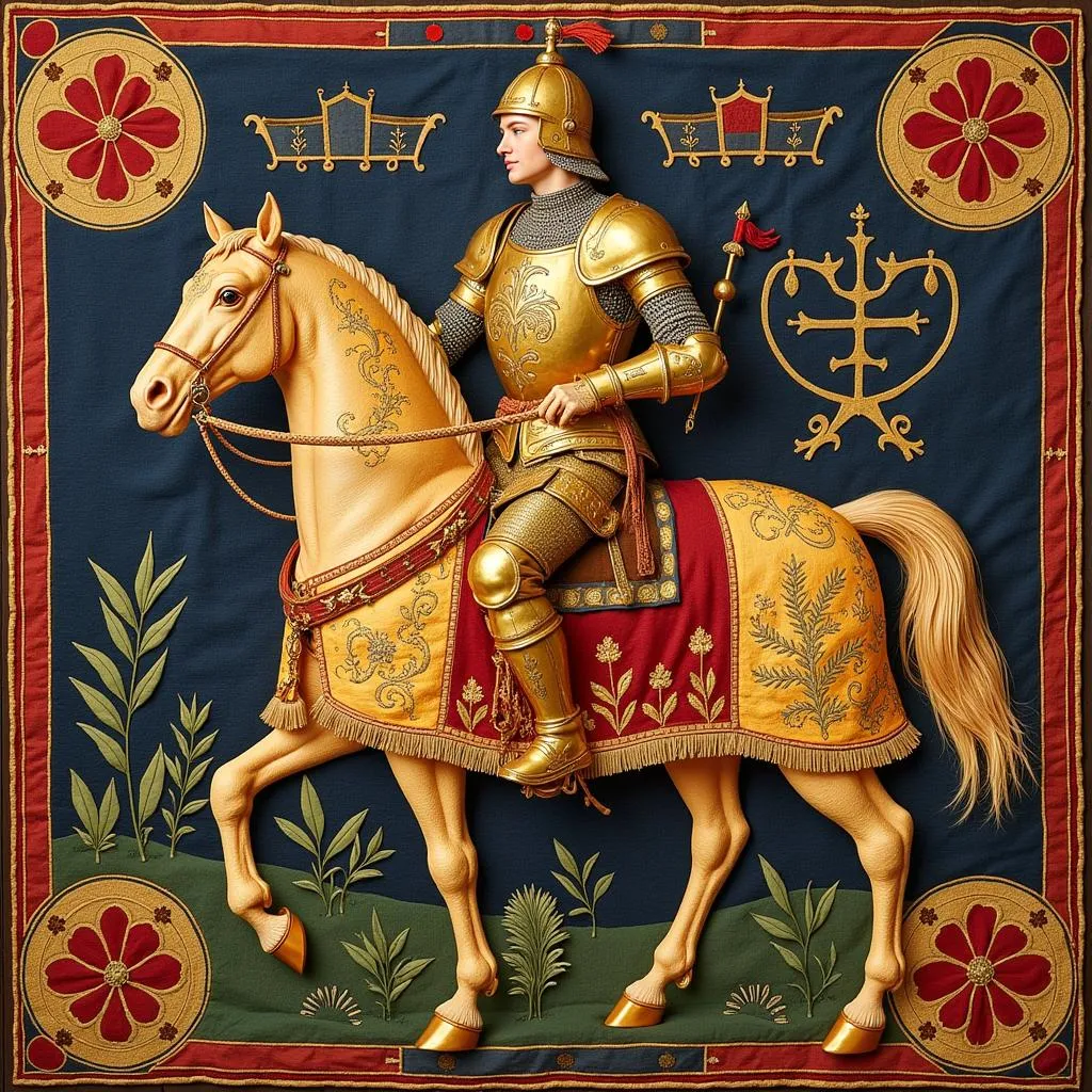 Medieval Knight in Gilded Armor on Horseback