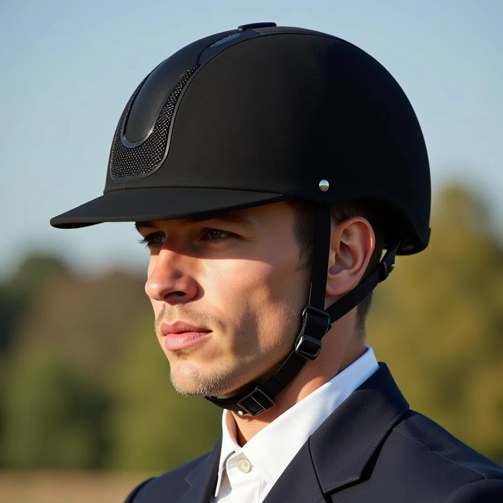 Man wearing a black men's horse riding helmet