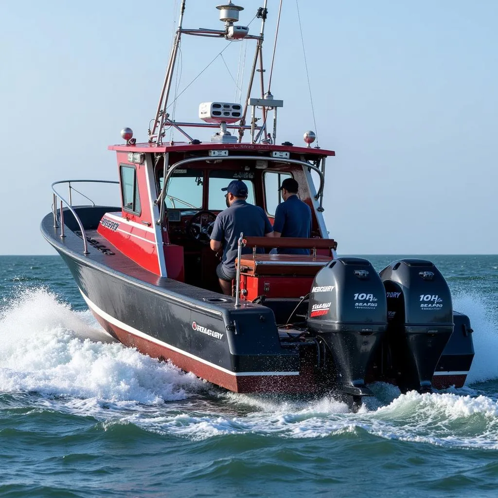 Commercial fishing boat equipped with a Mercury 10hp SeaPro outboard motor