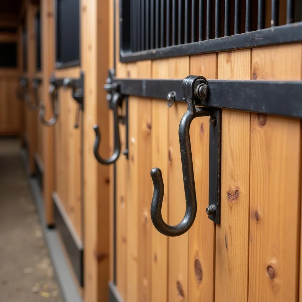 Durable metal horse bucket hooks mounted on a stable wall