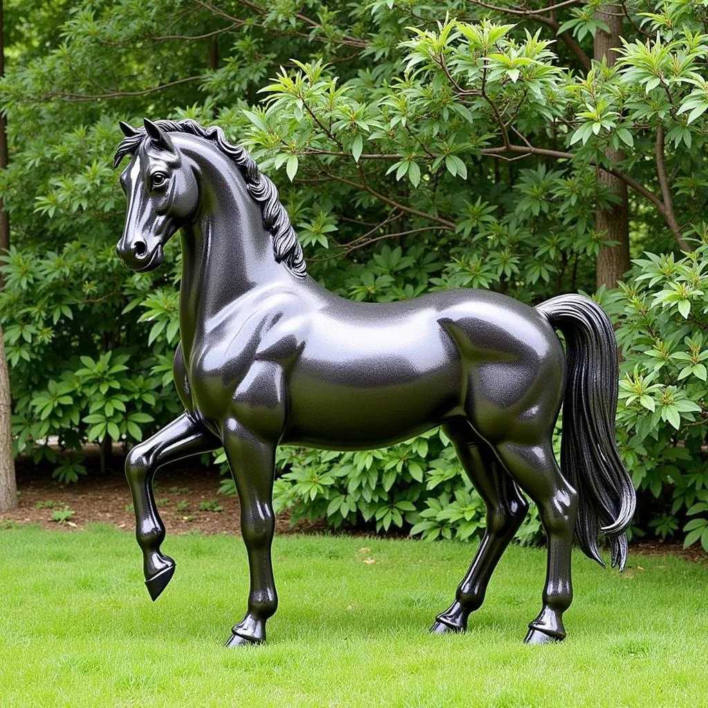 Metal horse sculpture in a garden setting