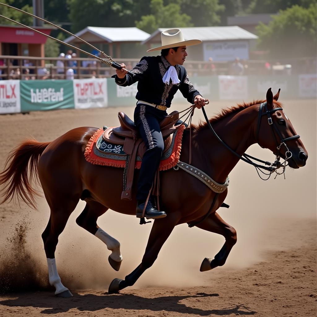 Mexican Charro Competitor Using Horse Whip in Competition