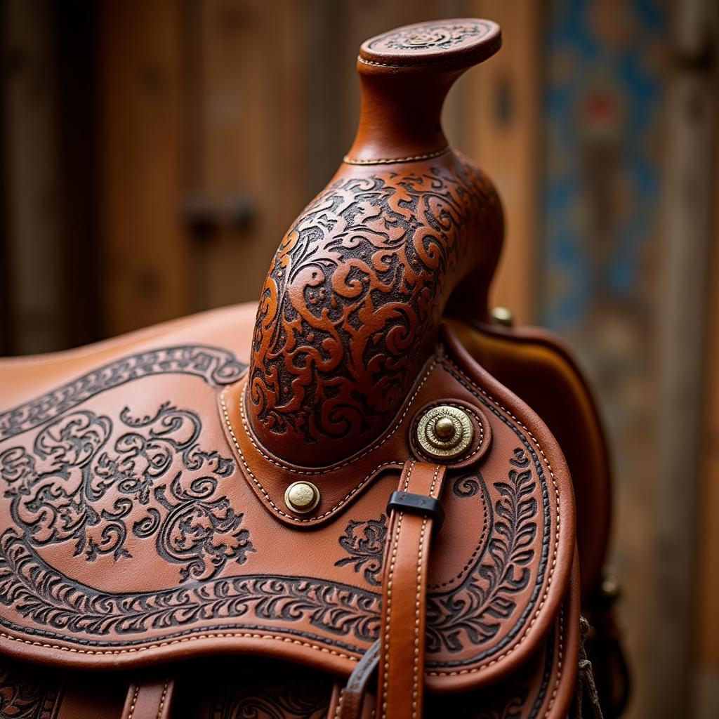 Intricately tooled leather charro saddle