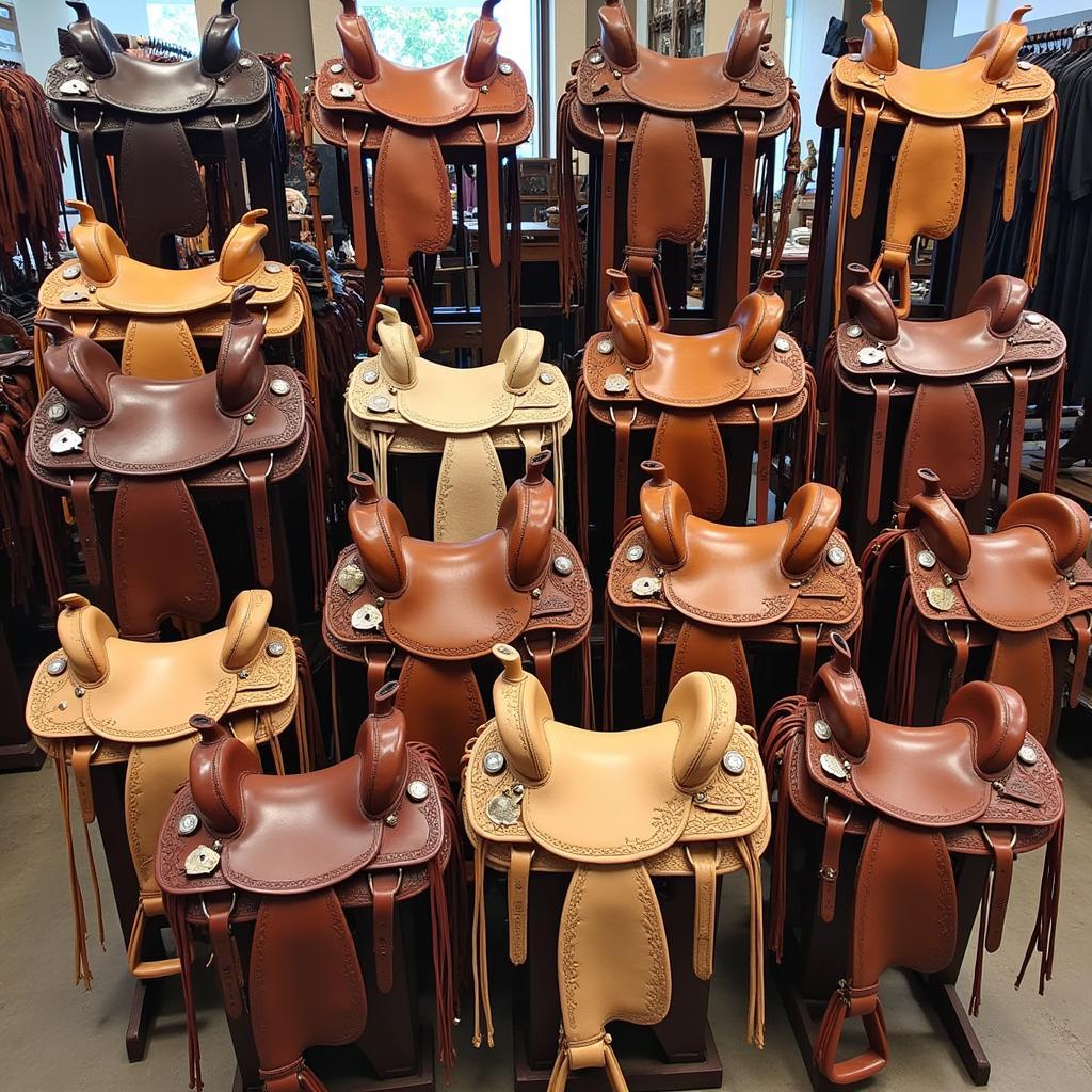 Various Mexican saddles displayed in a shop