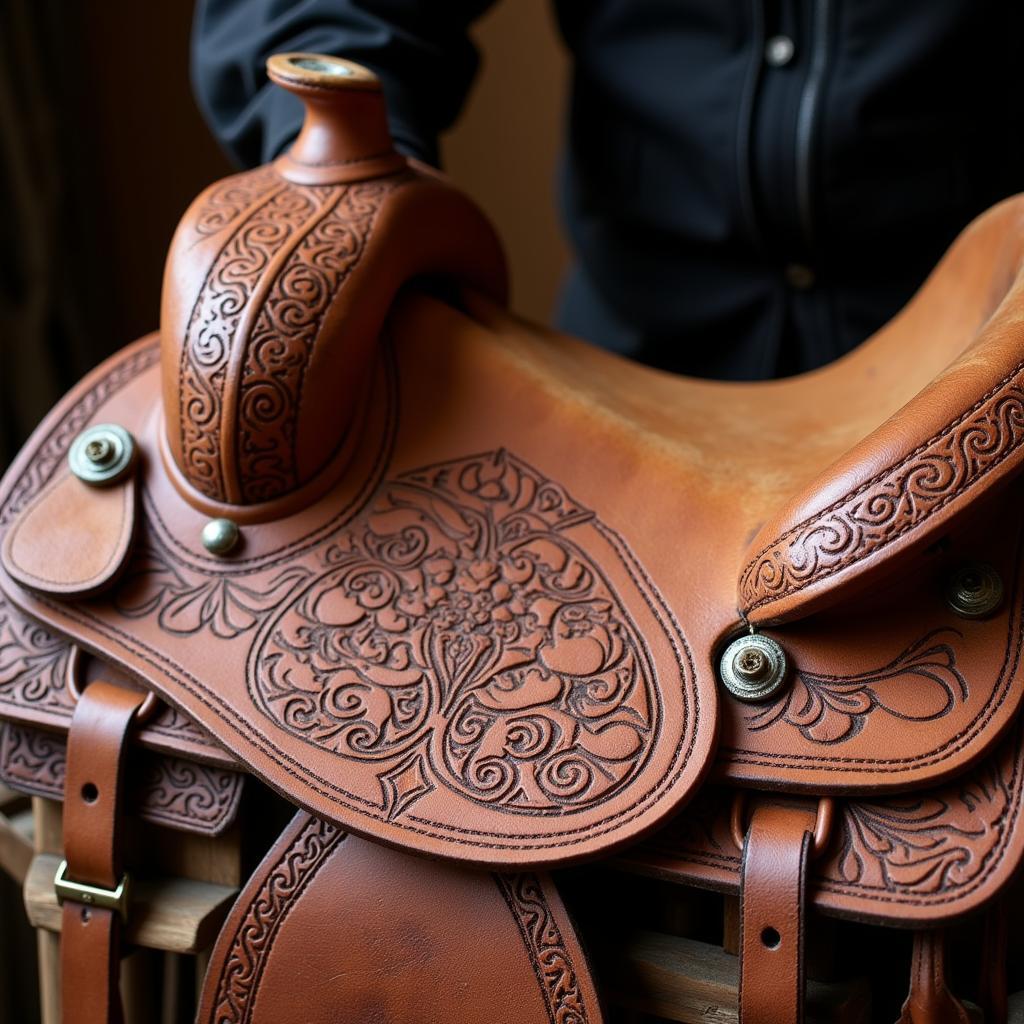 Detailed leather tooling on a Mexican saddle