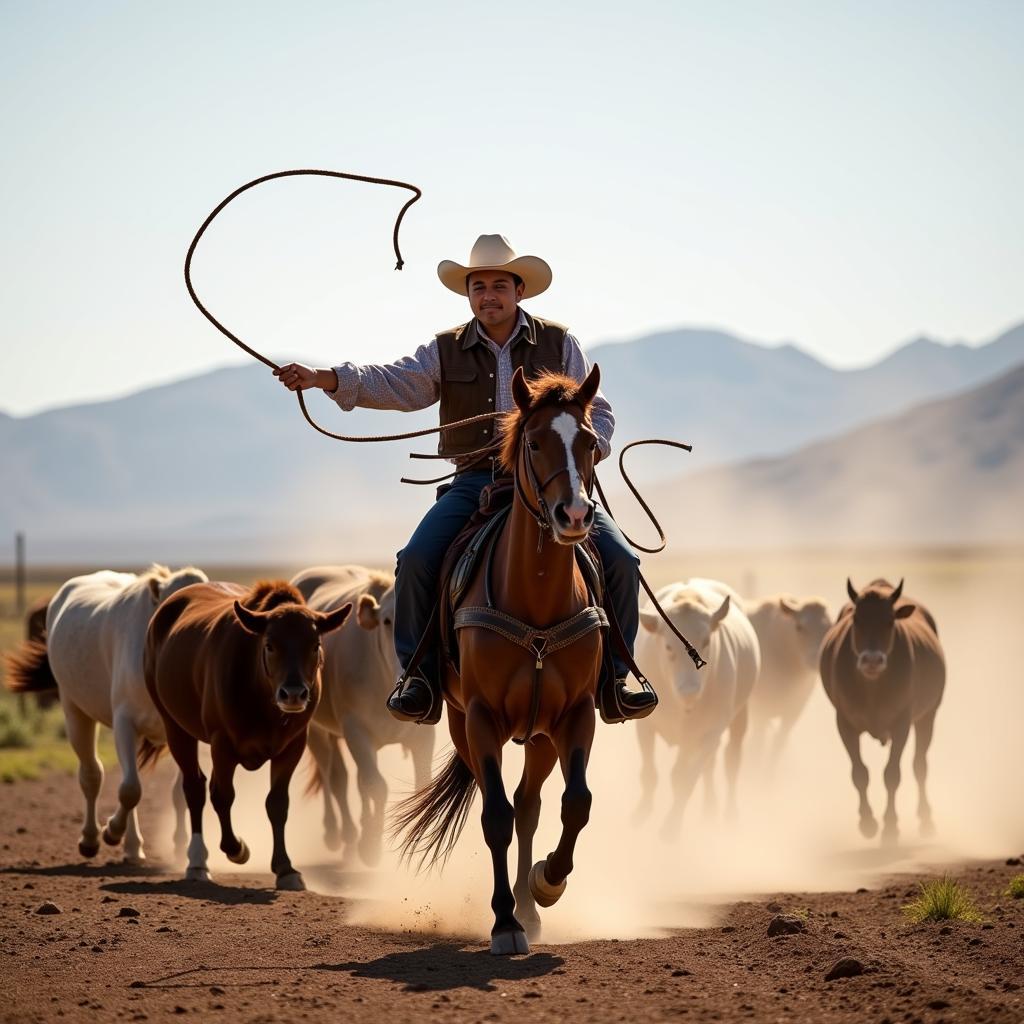 Mexican Vaquero Using Horse Whip While Herding Cattle