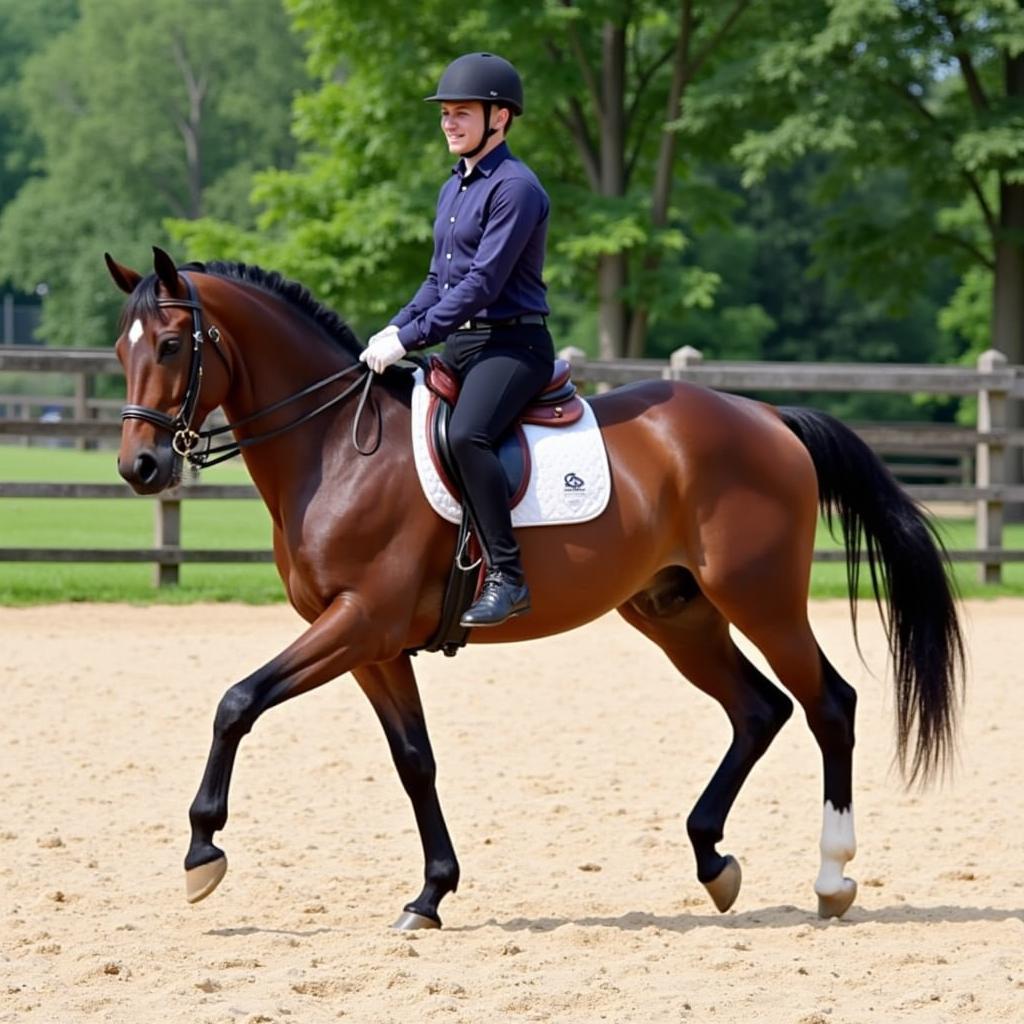 An MFM horse being ridden by a rider in an outdoor riding arena