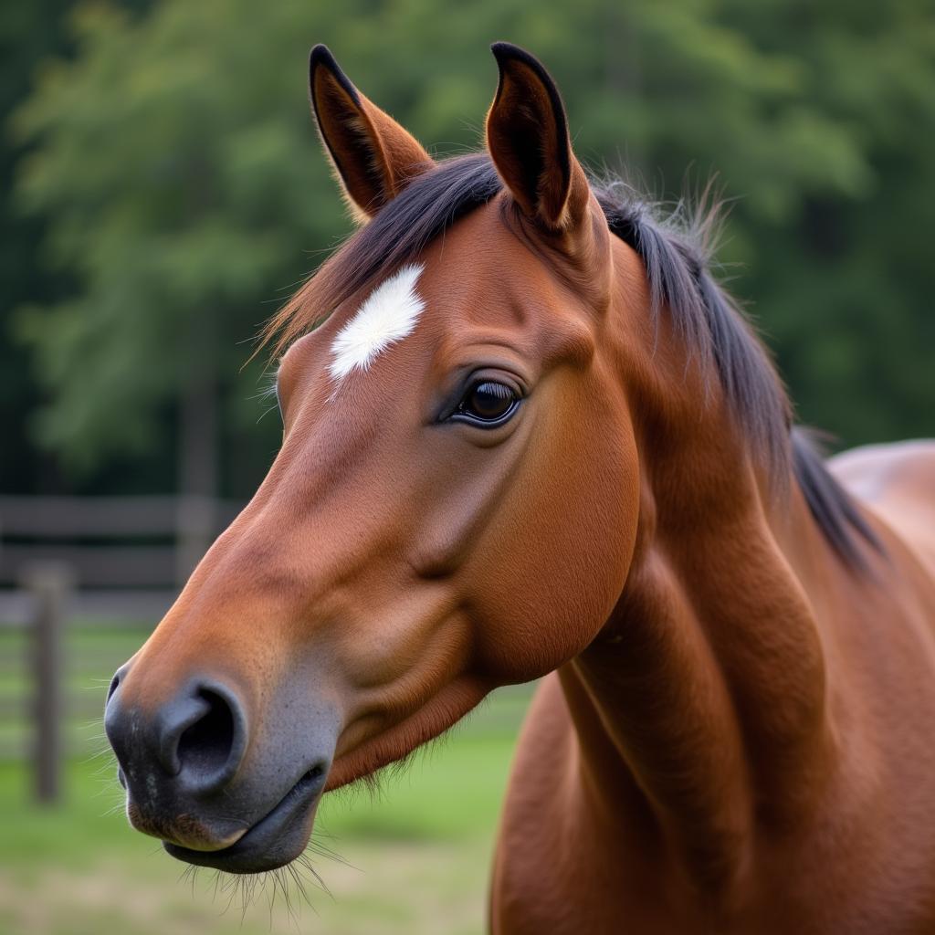 Close-up of an MFM horse's head, highlighting its expressive eyes and refined features