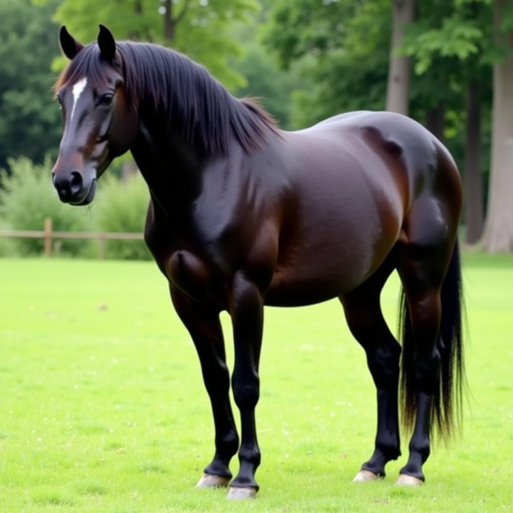 MFM horse with black coat, flowing mane, and long tail standing in a lush green pasture