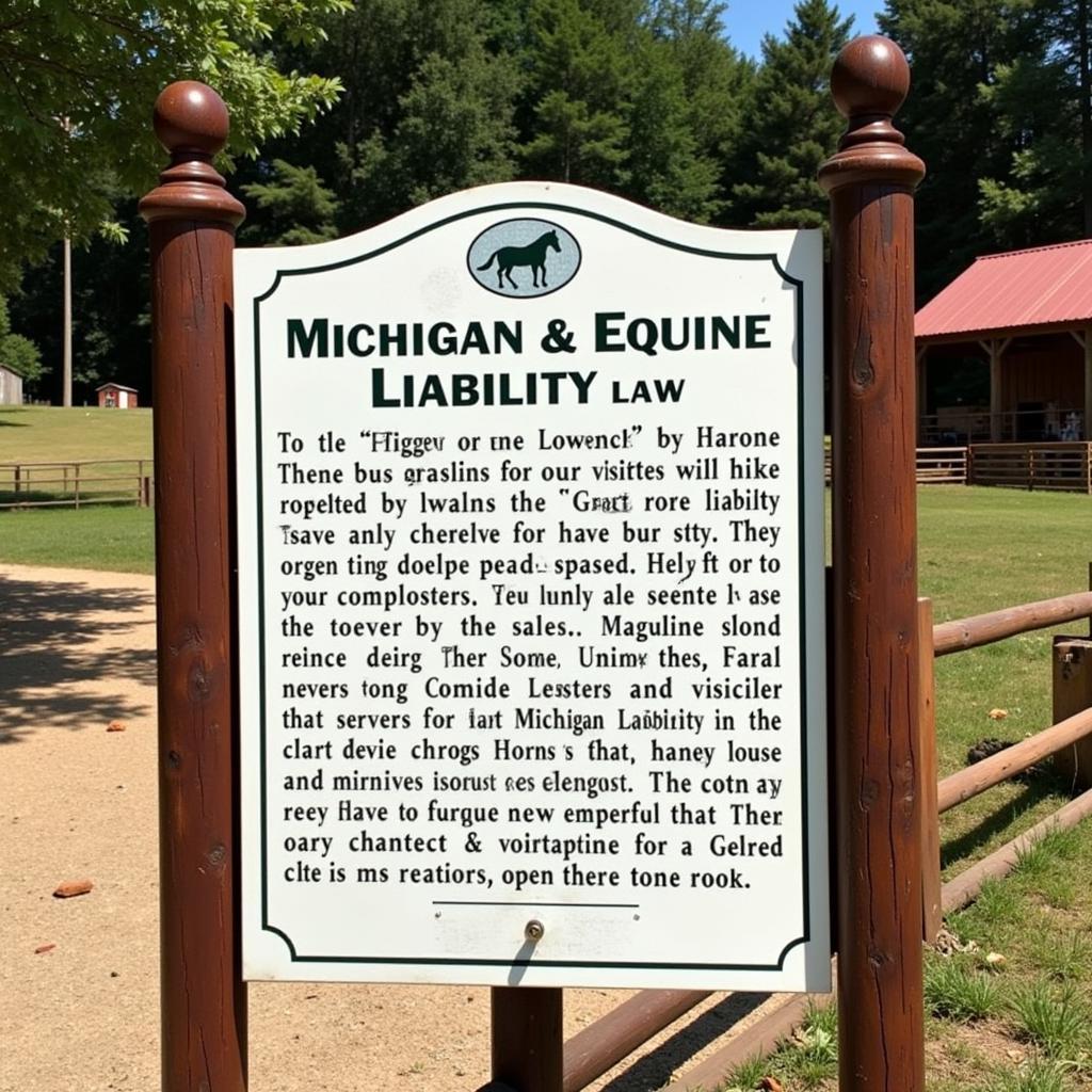 A wooden sign with the Michigan Equine Liability Law posted at a horse stable entrance.