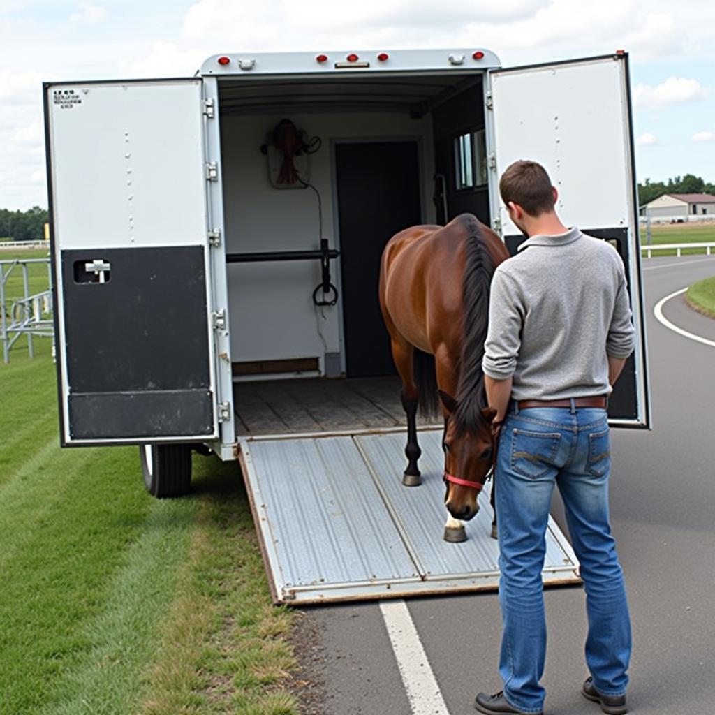 A horse owner meticulously inspects their trailer's tires, lights, and hitch before transporting horses.