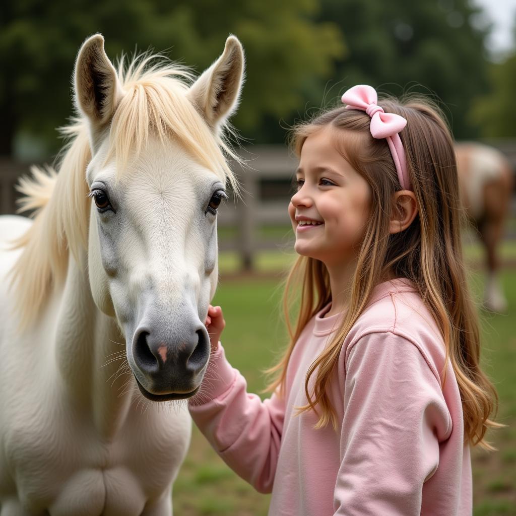 Miniature horse standing next to a young girl