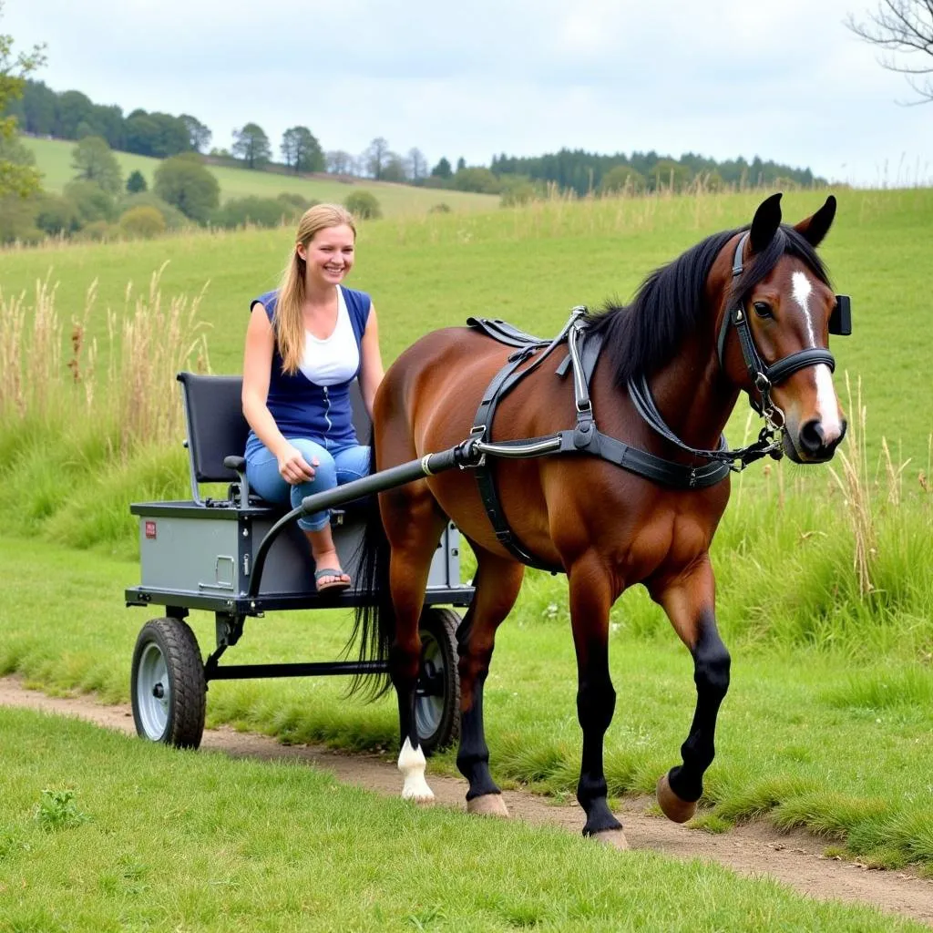 A miniature horse pulling a cart on a grassy trail