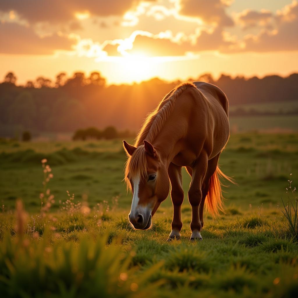 A miniature horse peacefully grazing in a lush pasture