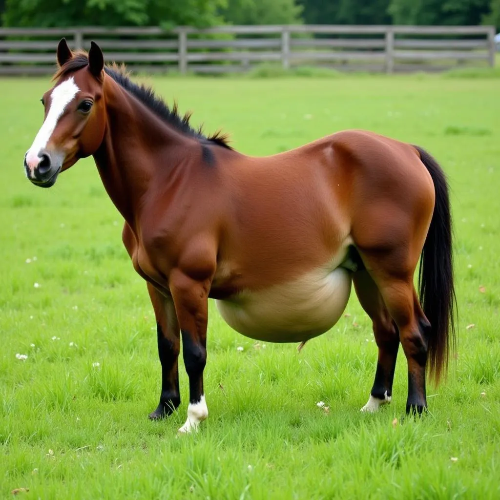 Miniature Horse Overgrazing on Lush Pasture