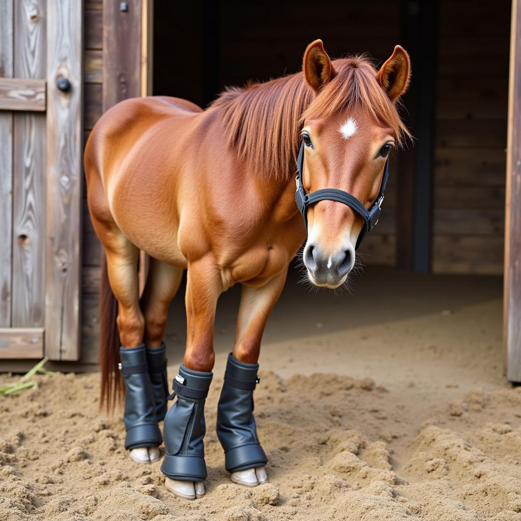 Miniature horse wearing therapeutic boots for laminitis support