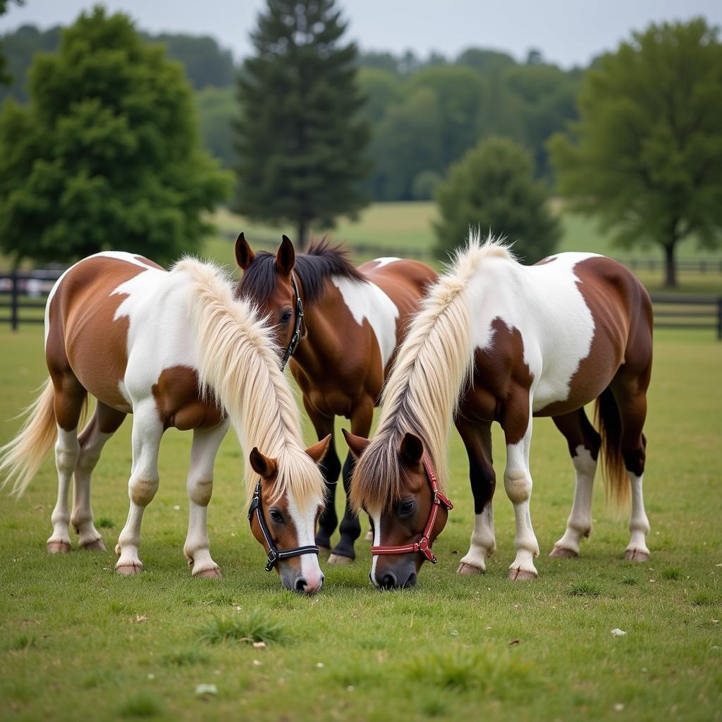 Miniature Horses Grazing Peacefully in Halters