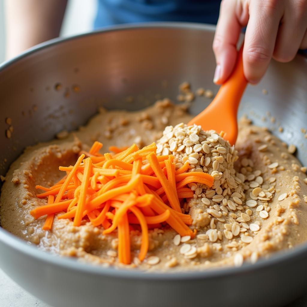 A person mixing the batter for horse muffins in a large bowl.