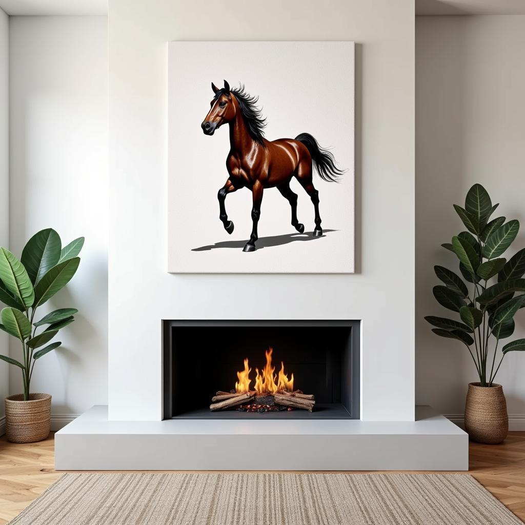 Modern horse art canvas displayed above a fireplace