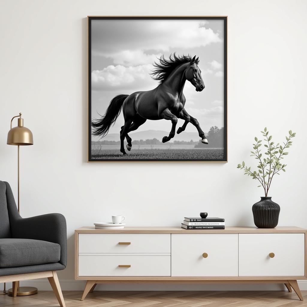 Modern horse photography in a sleek metal frame.