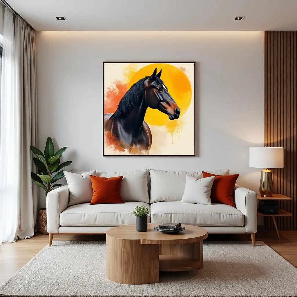 Modern living room with large abstract horse painting