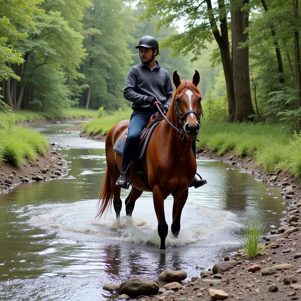 Morgan horse crossing water on a trail ride