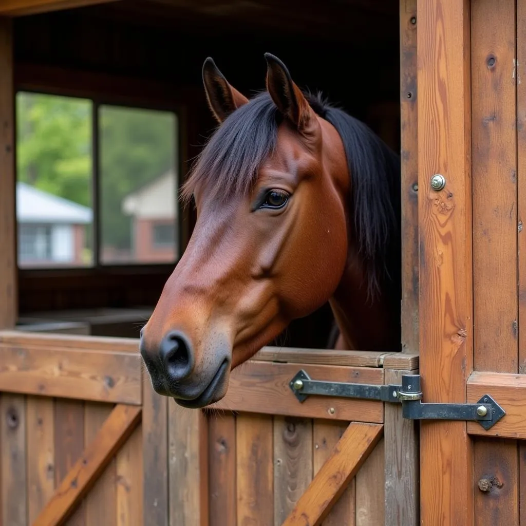 Morgan horse standing serenely in a spacious paddock at a rescue facility