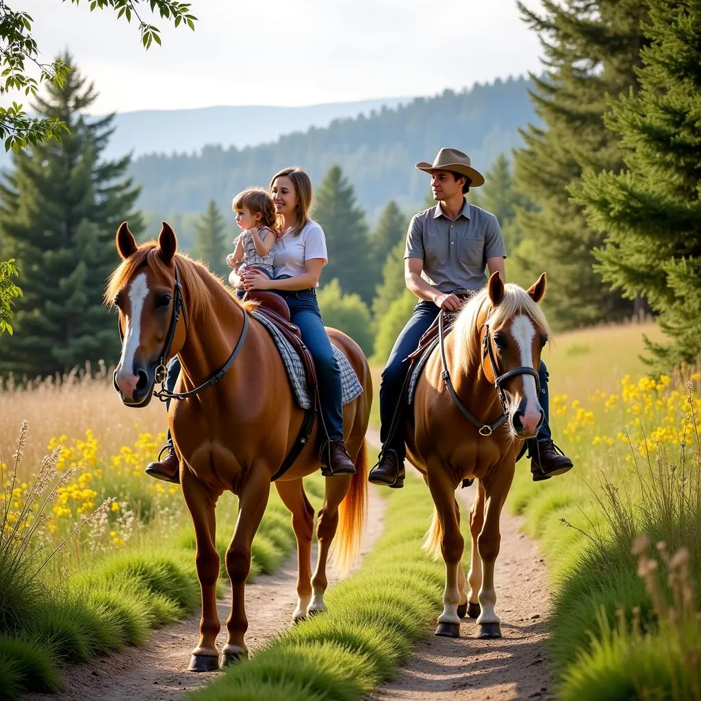 A family enjoys a trail ride with their Morgan horse palomino