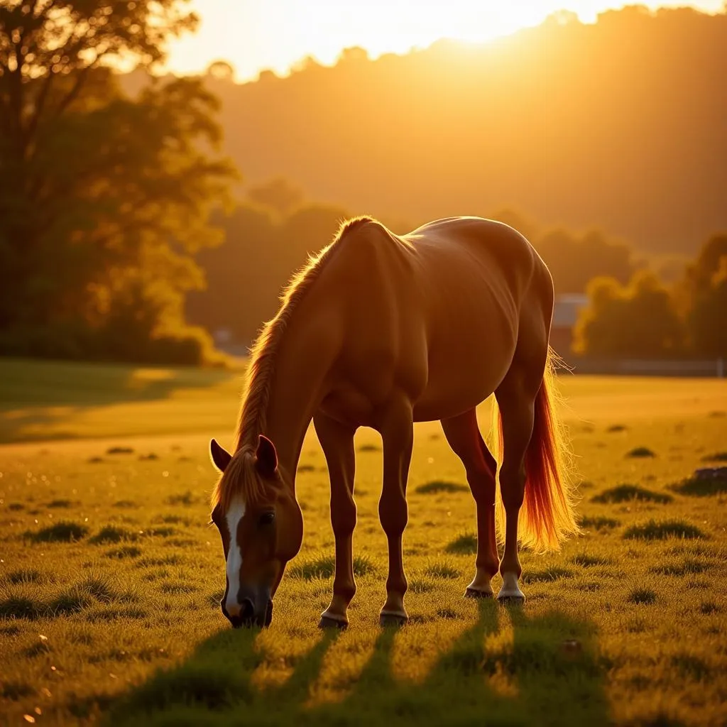 A Morgan horse palomino grazes in a field, bathed in golden sunlight