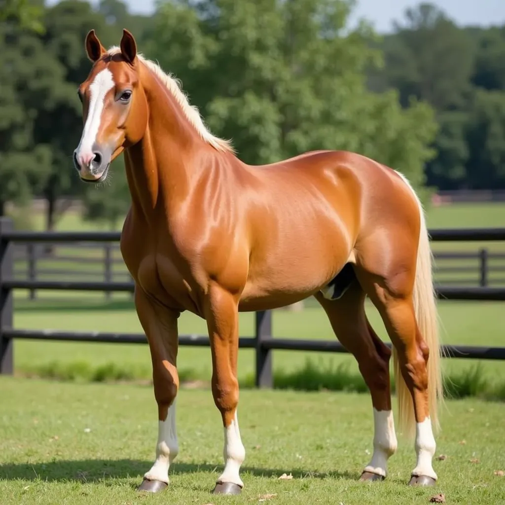 Morgan Horse Palomino with a golden coat standing proudly in a show ring