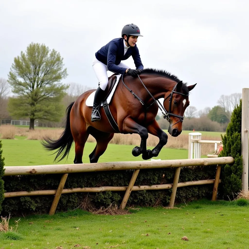 Riders and horses navigating a challenging cross-country obstacle at the Morven Horse Trials.