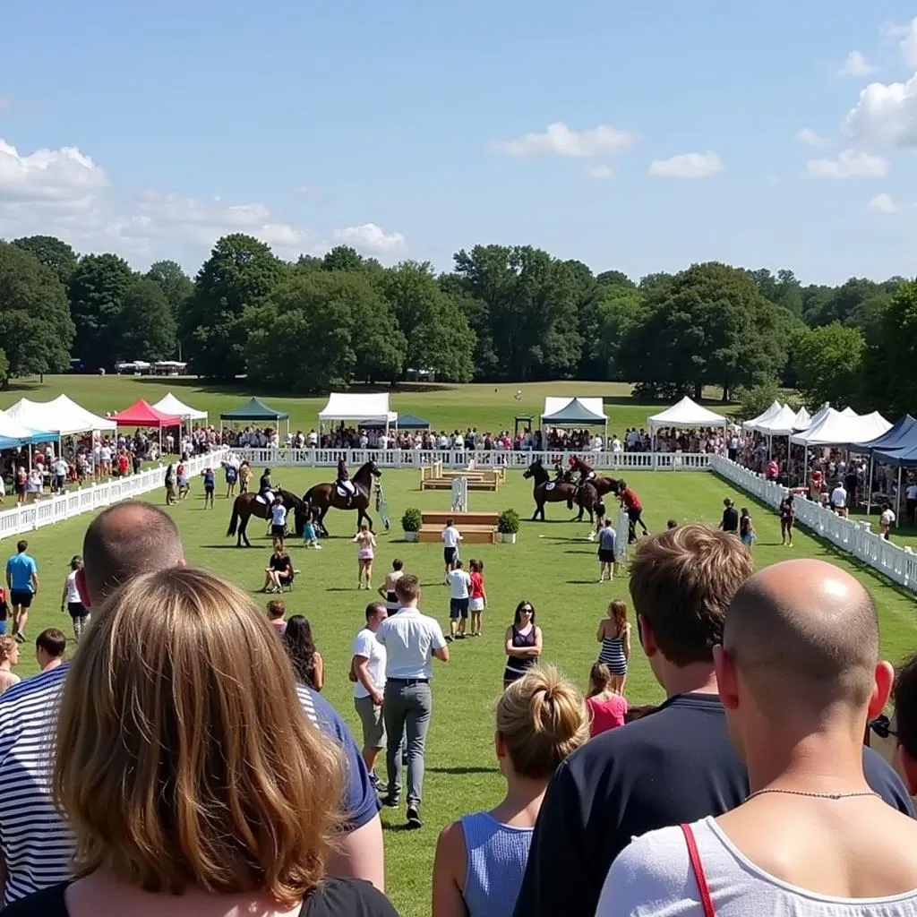 A general view of the Morven Horse Trials event, showcasing spectators, vendors, and the beautiful grounds.