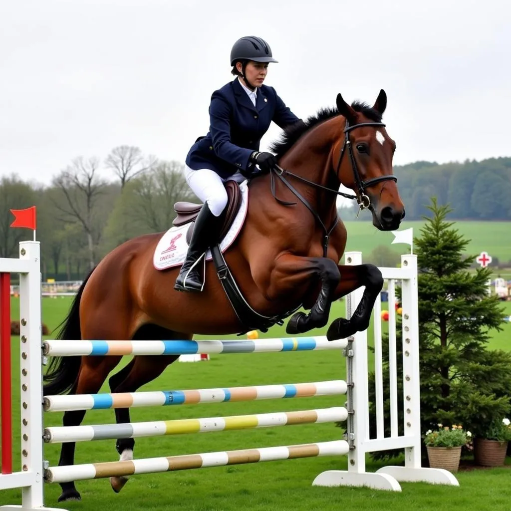 A show jumper clearing a challenging obstacle at the Morven Horse Trials.