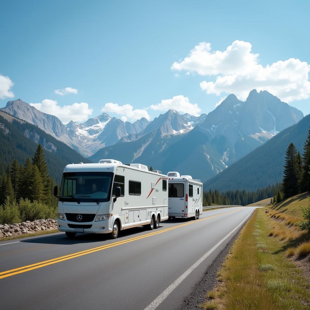 Motorhome towing a horse trailer on a scenic highway