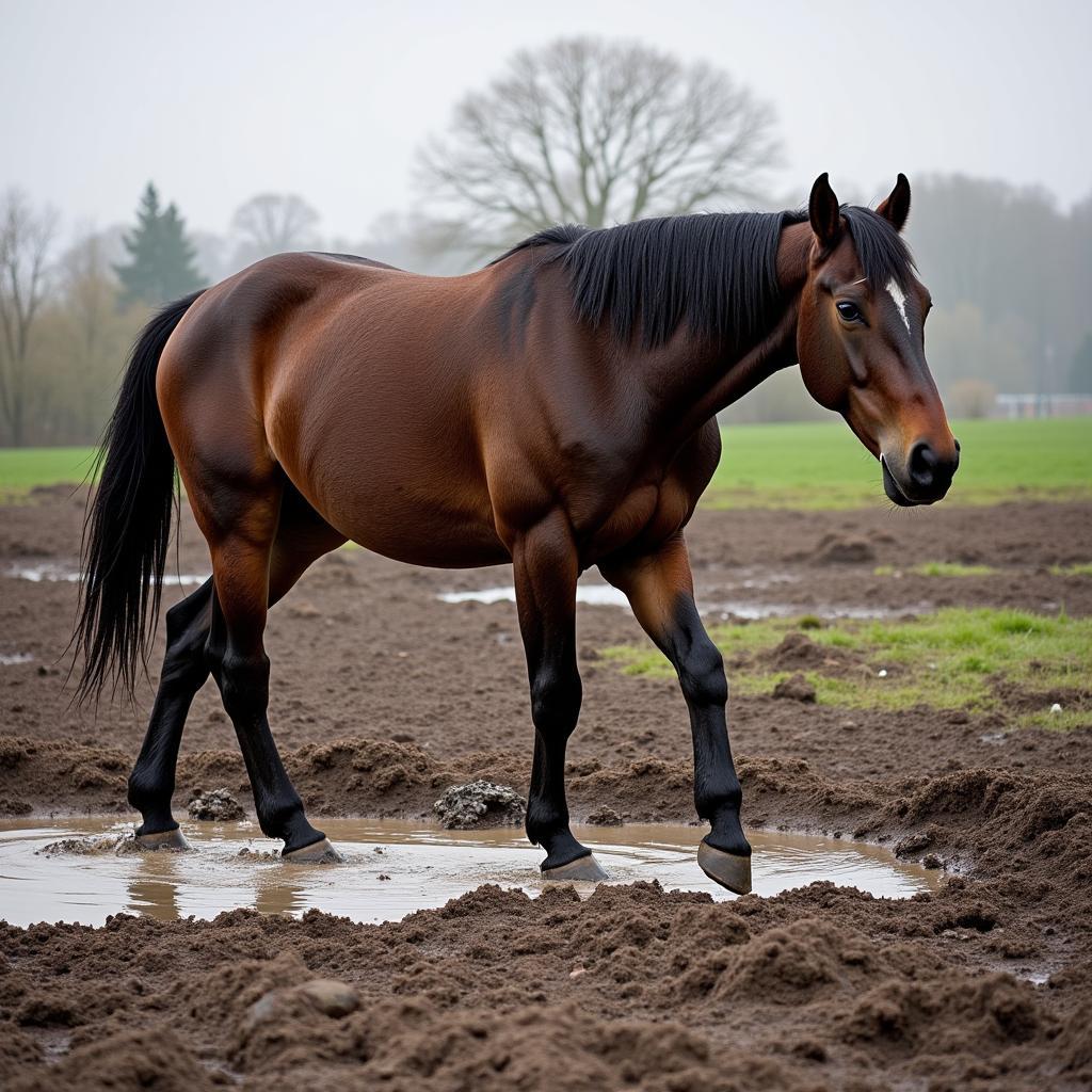 Muddy horse paddock with a horse struggling to walk through it