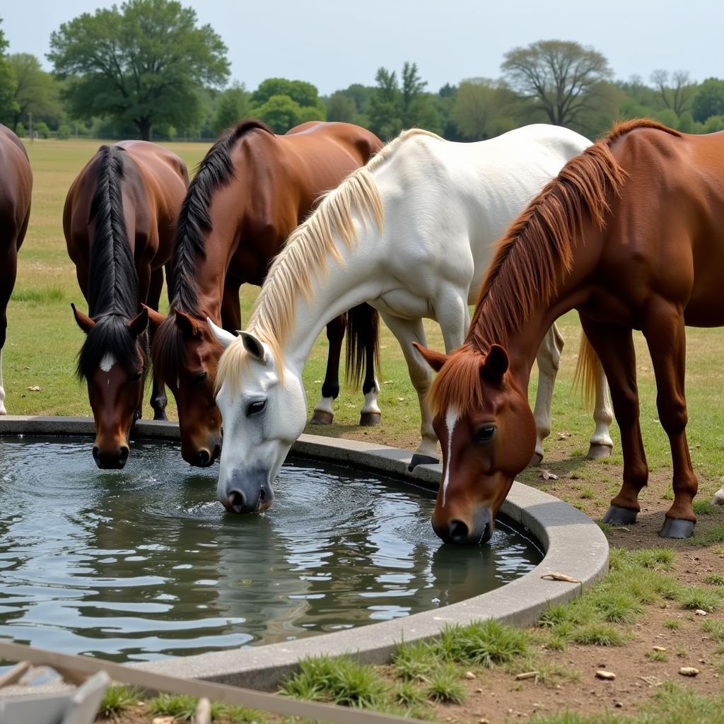 Multiple Horses Drinking from a Water Trough