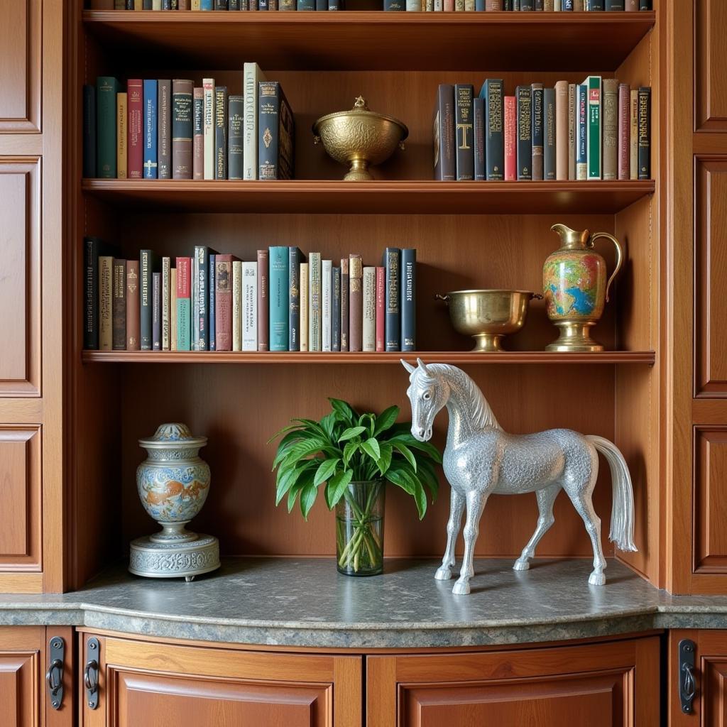 A Murano glass horse displayed on a bookshelf with other decorative items.