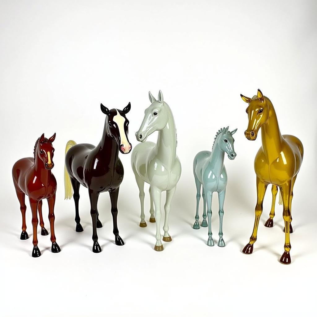 A collection of Murano glass horses in various colors and poses.