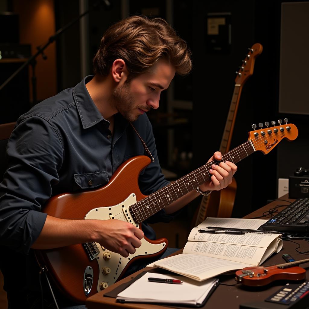 Musician composing music with a guitar