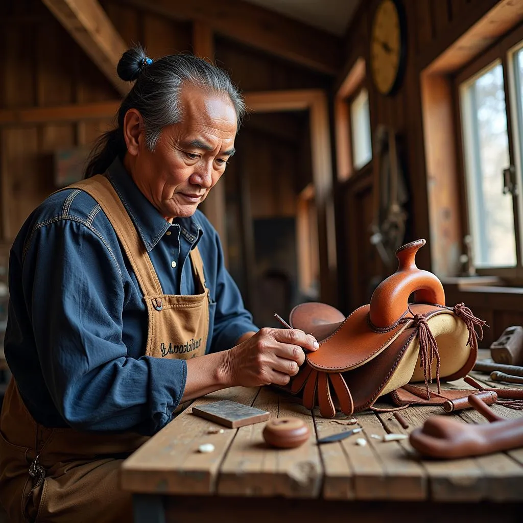 Native American Artisan Crafting Traditional Saddle