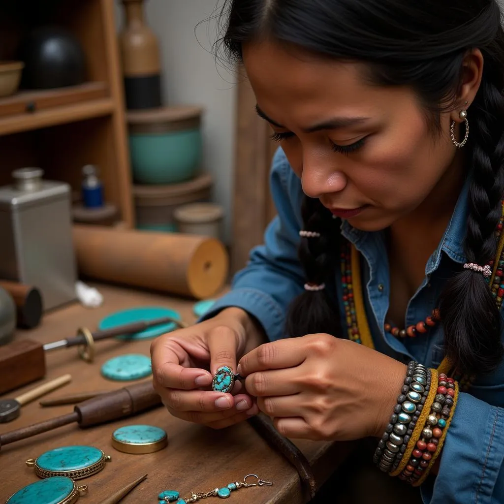 Native American artist crafting jewelry with Crazy Horse turquoise