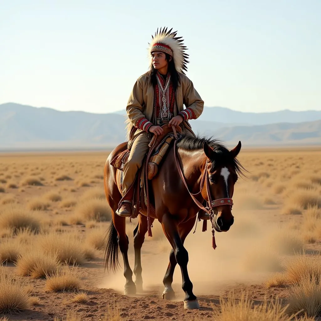 Native American Man Riding Horse with Traditional Saddle