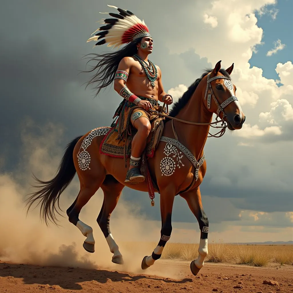 Native American Warrior on Horseback with War Paint