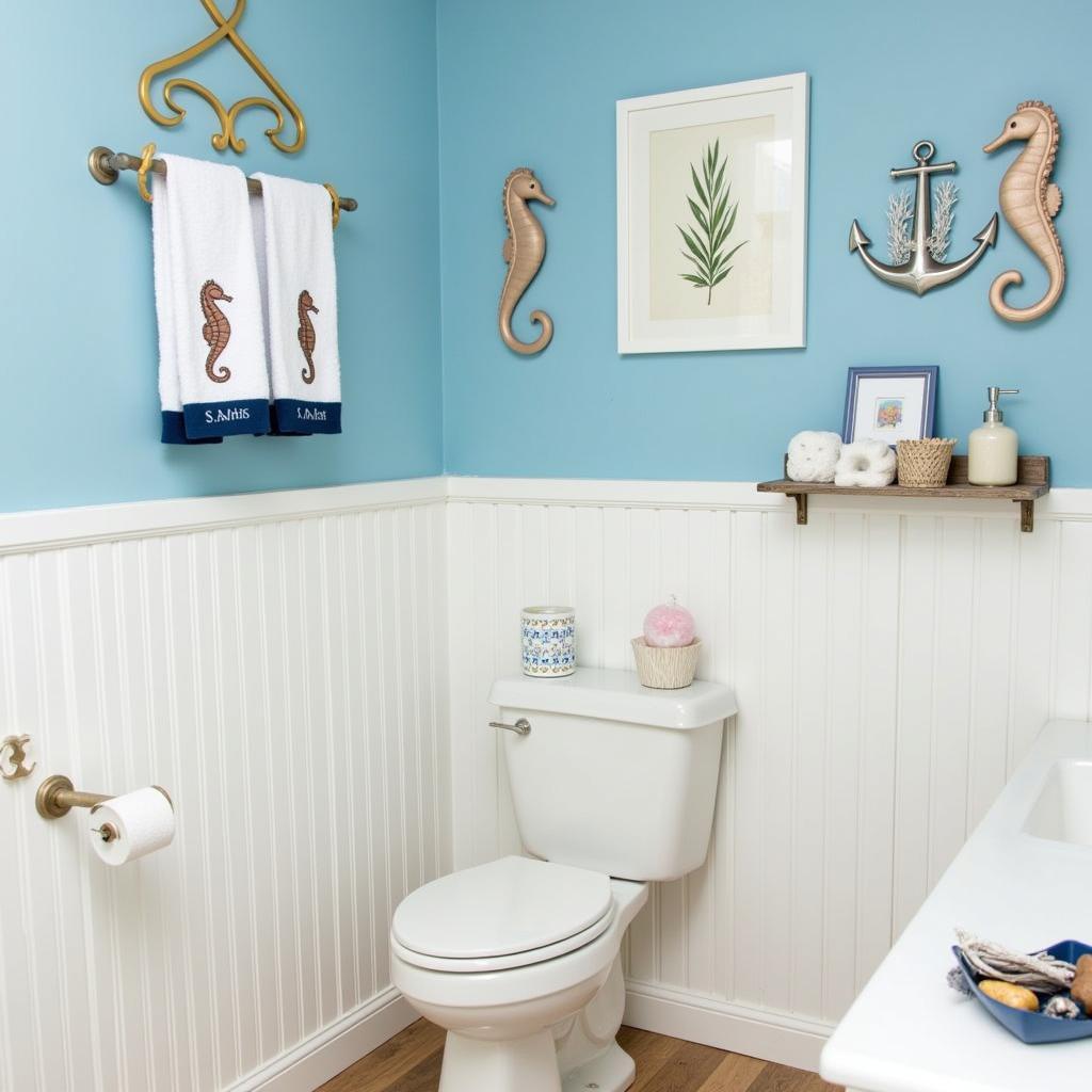  Nautical themed bathroom with seahorse decorations