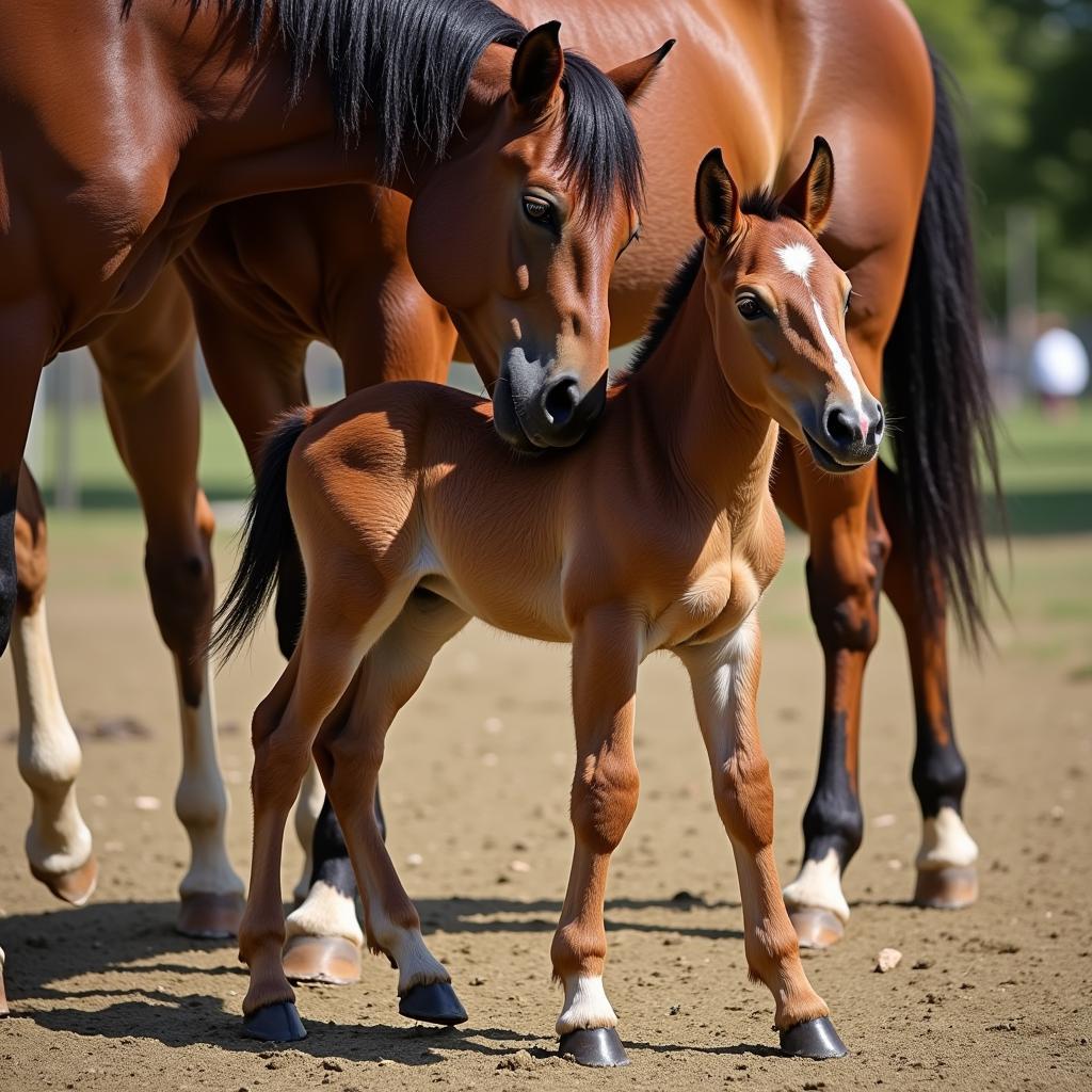 Newborn Foal Standing Next to Mare