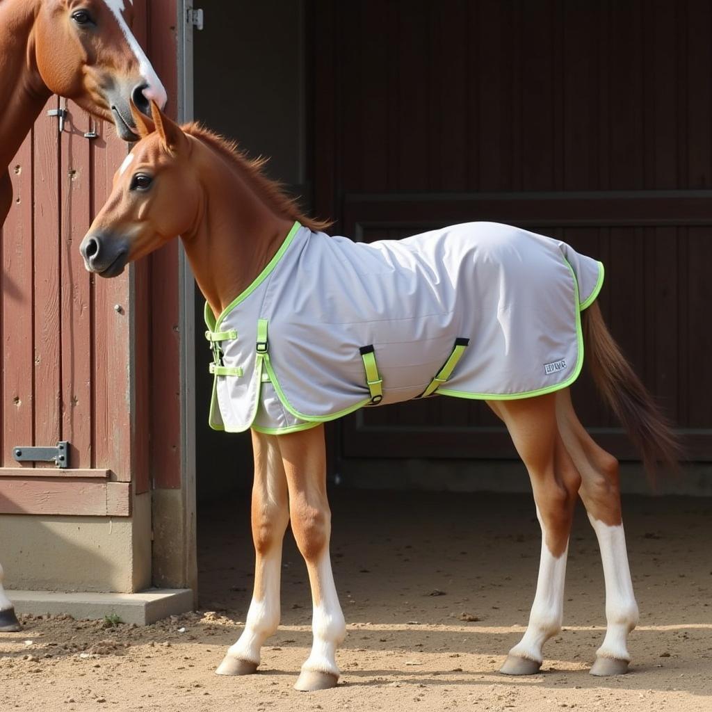 Newborn foal wearing a horse blanket